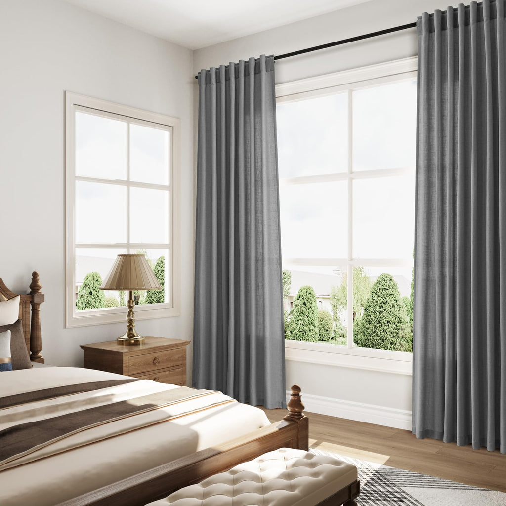 Blazer Grey Linen Curtains 90 Inch Long 2 Panels Set Living Room, Soft Linen Textured Window Drapes Semi Sheer Light