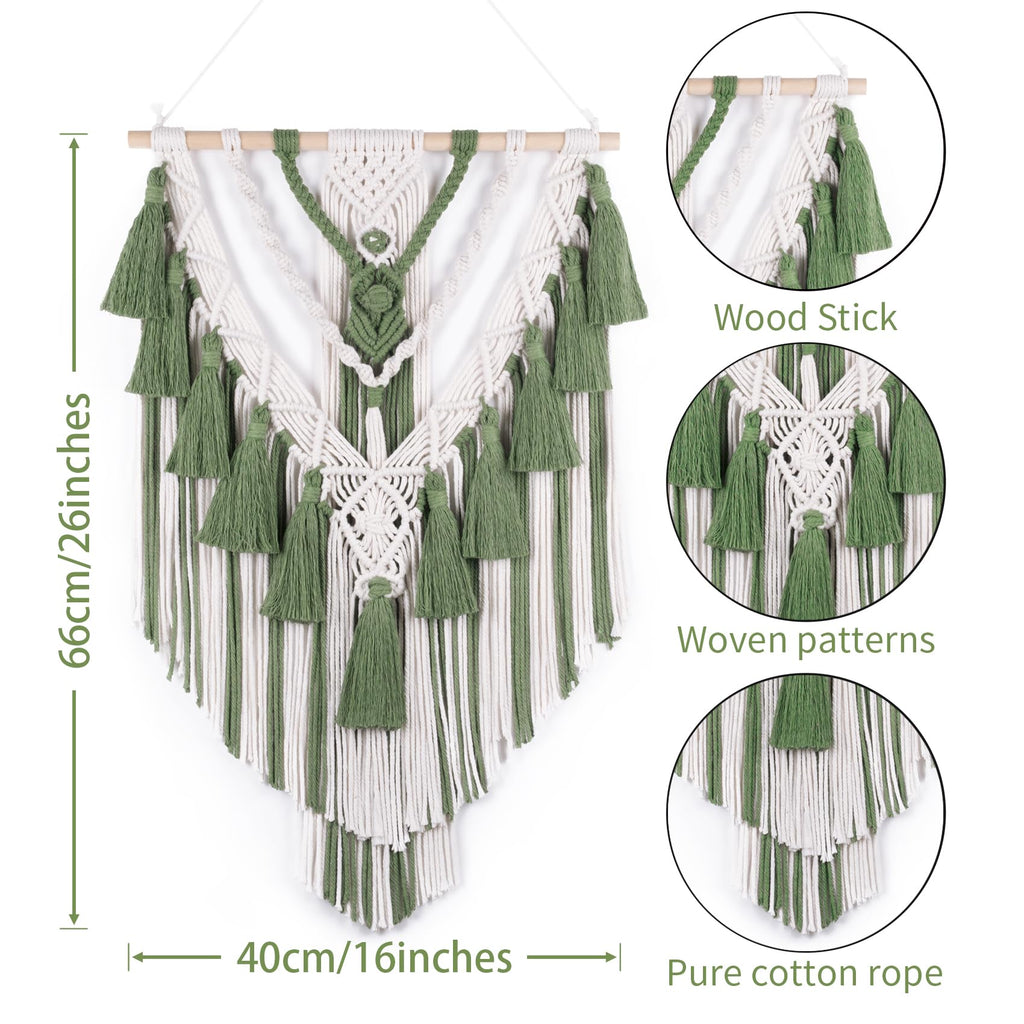 Green Macrame Wall Hanging Boho Macrame Wall Decor with Yarn Tassel Bohemian Tapestry Woven Wall Art Bedroom Home