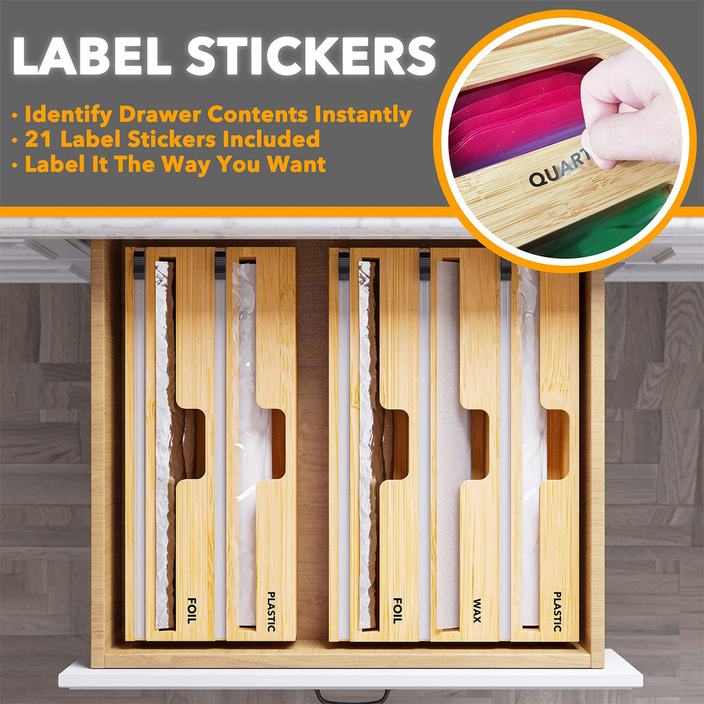 WrapNeat 2 in 1 Wrap Organizer with Cutter and Labels, Plastic Wrap, Aluminum Foil and Wax Bamboo Dispenser Storage
