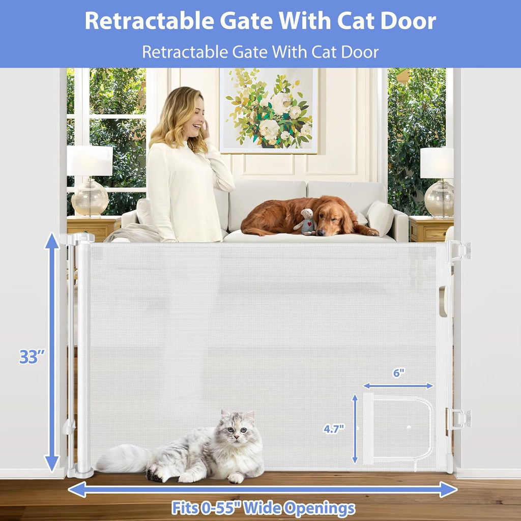 Retractable Baby Gate with Cat Door 55" Wide Retractable Baby Gate for Stairs Mesh Baby Gate with Pet Door