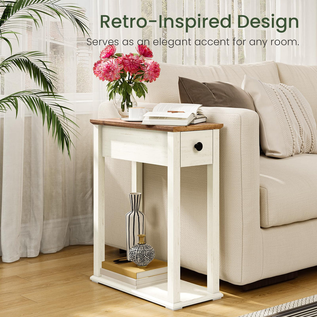 Farmhouse End Table, 2-Tier Narrow Side Table with Drawer, Wooden Nightstand, for Small Space, Living Room, Bedroom