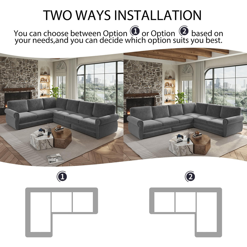 118" L-Shaped Sofa Couch with Pull Out Bed, Oversize Convertible Sectional Sleeper Sofa with Nailhead Trim & Rolled