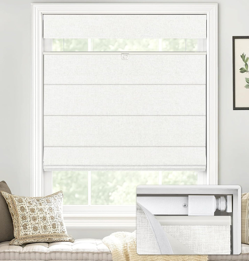 No Drill TDBU Roman Shades, Blackout - White, 34" W x 64" H | No Tools Top Down Bottom Up Cordless Fabric Blinds for