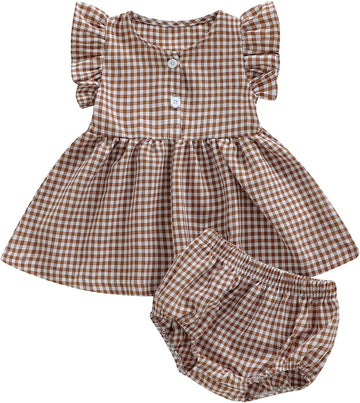 Toddler Baby Girl Clothes Plaid Ruffle Sleeveless Tops with Bloomer 2PCS