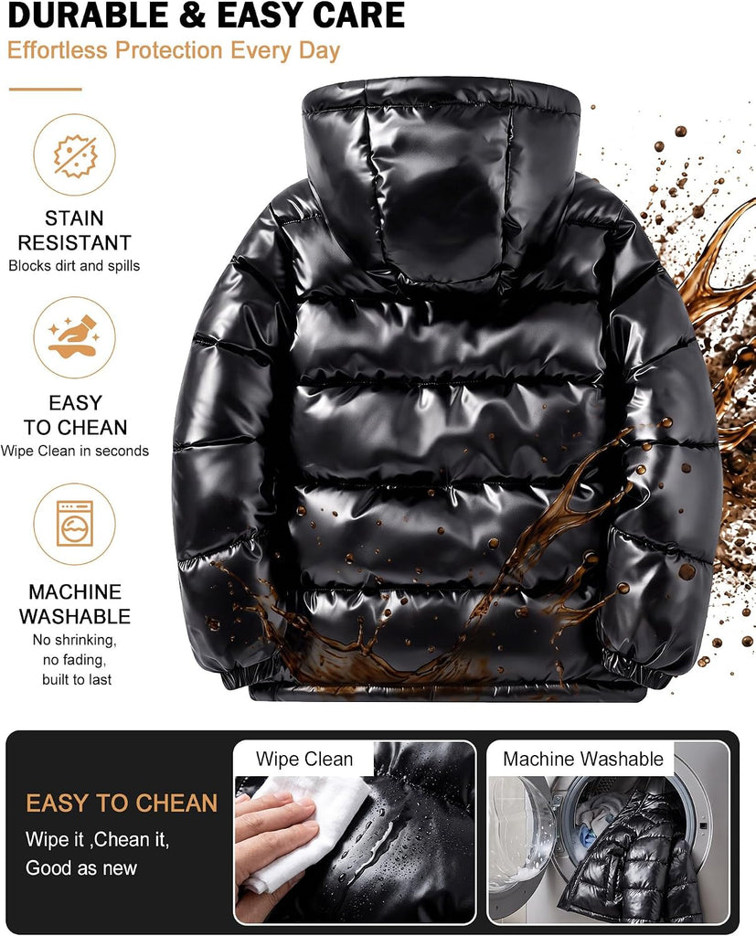 Boys Shiny Puffer Hooded Jacket Wash-Free Winter Coat