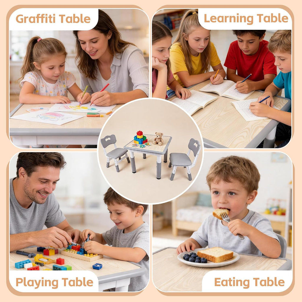 Toddler Table and Chair Set, Graffiti Tabletop, 2 Chairs, Grey