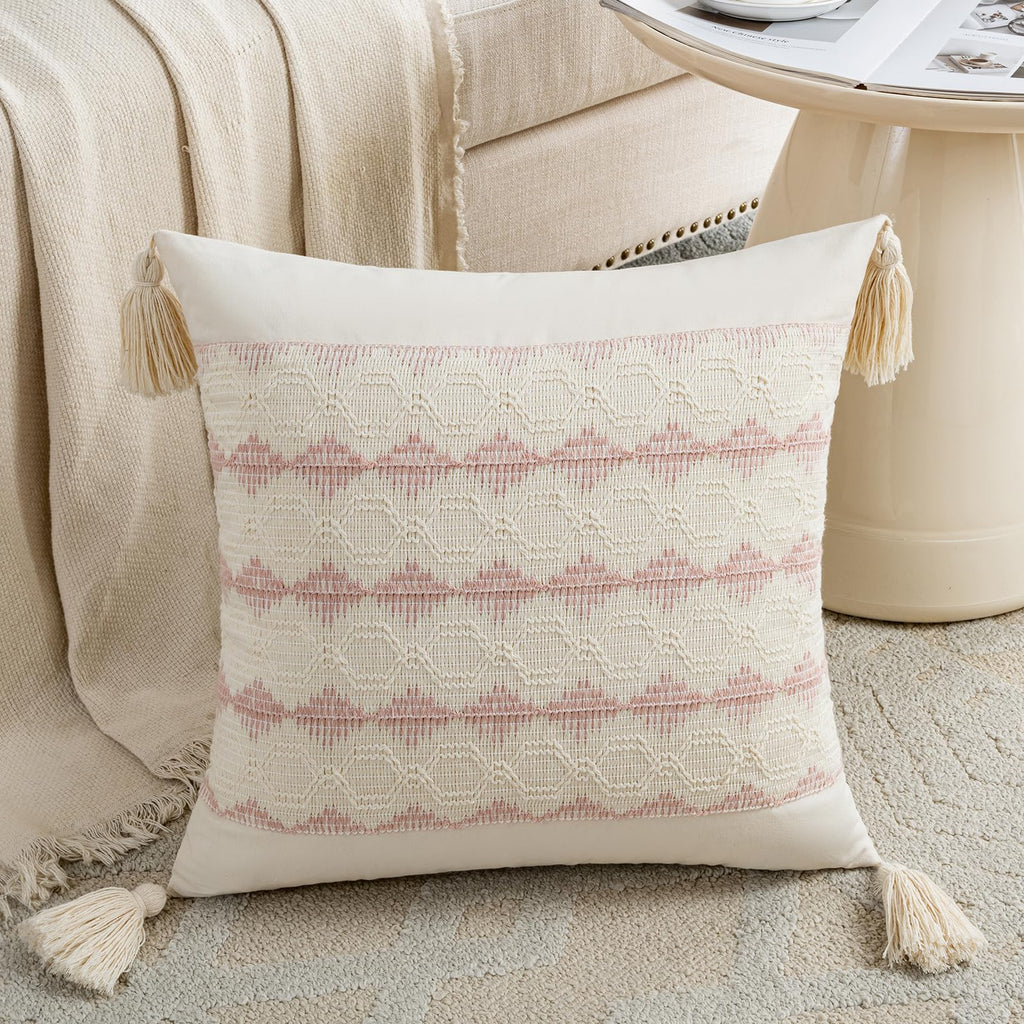 Set of 2 Boho Pink Decorative Throw Pillow Cover 16x16 Inch for Couch Bed Sofa, Aesthetic Modern Organic Farmhouse
