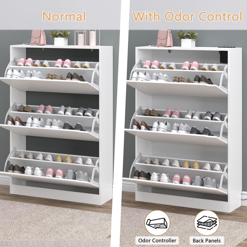 Shoe Cabinet with Odor Control and Back Panels, Deodorizing Slim 3-Flip Shoe Storage Cabinet, Freestanding Hidden