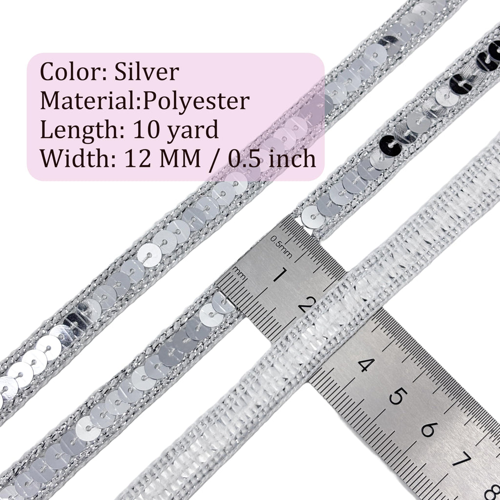 Sliver Sequin Trim, 1/2 Inch Metallic Glitter Beaded Ribbon for Sewing, Dresses, Costumes, Home Decor, Party