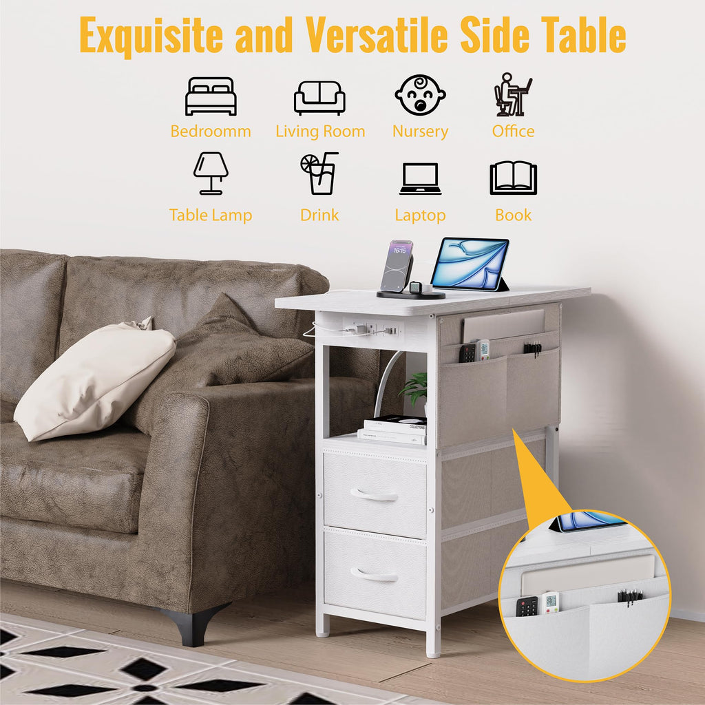 Small Side Table with Charging Station, Narrow Nightstand Bedside Tables with Storage Pocket Bedroom, Sofa End Table