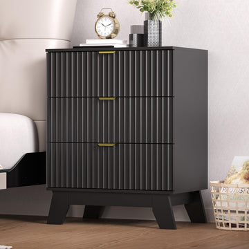 Black Nightstand with 3 Large Drawers, 24" Wide End Table with Curved Metal Handles, Fluted Wood Small Dresser, Bedside
