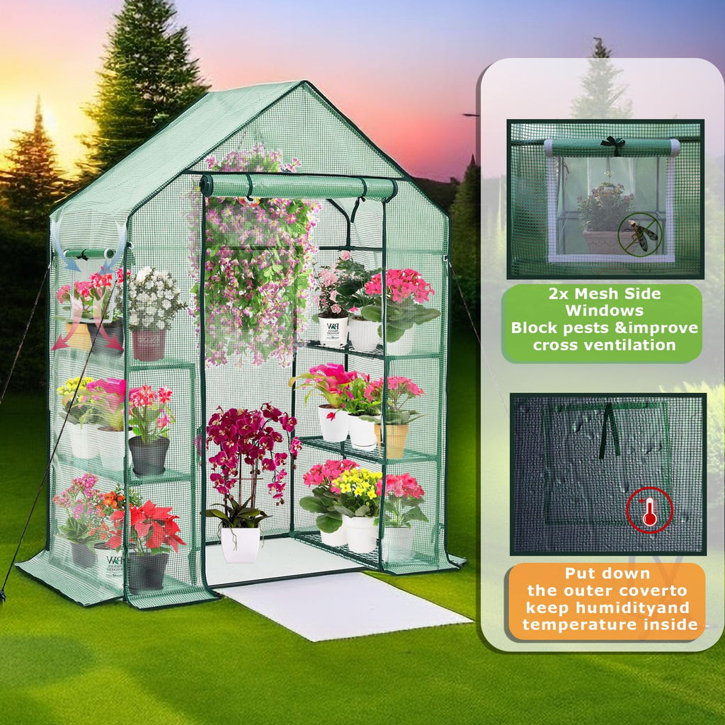 Walk-in Greenhouse for Outdoors w/ Mesh Side Windows, 3 Tiers 6 Shelves PE Cover Green House Portable Warm House for