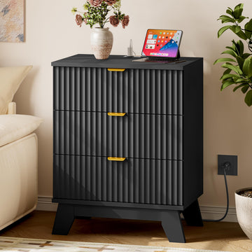 30.5" Nightstand with Charging Station, 3-Drawer Fluted Bedroom Chest, Wood Bedside Dresser with Power Outlets and