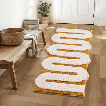 Geometric Design Boho Runner Bathroom Rugs, Long Scalloped Cute Bath Mat Non Slip Kitchen Hallway Laundry Room, Funky