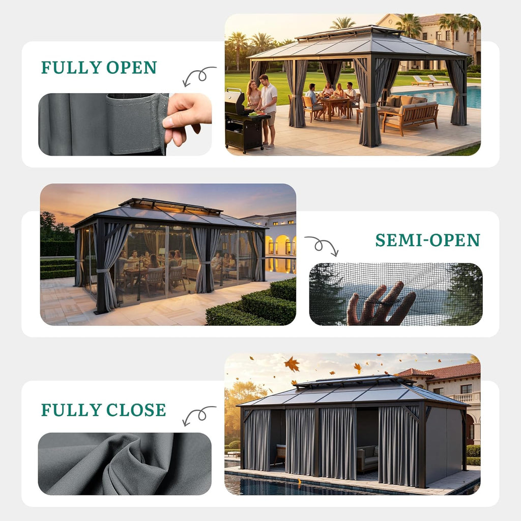 12x20FT Gazebo Polycarbonate Hardtop Double Roof Canopy Outdoor with Netting and Shaded Curtains