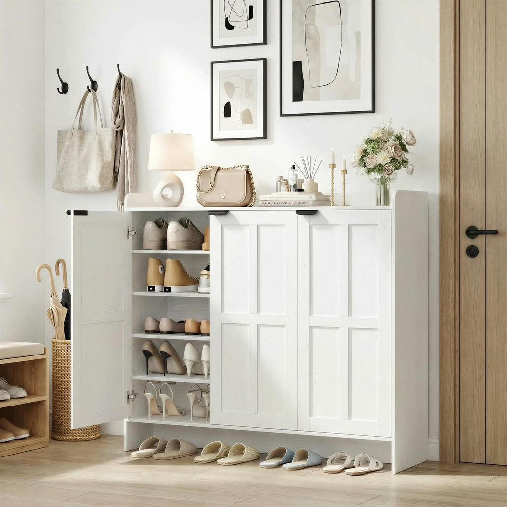 Farmhouse Shoe Cabinet with Doors, 4 Adjustable Shelves, White