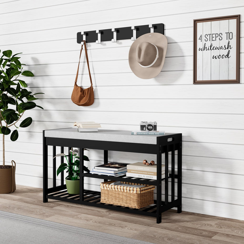 Bamboo Shoe Storage Bench with Cushioned Seat 3-Tier Entryway Shoe Rack