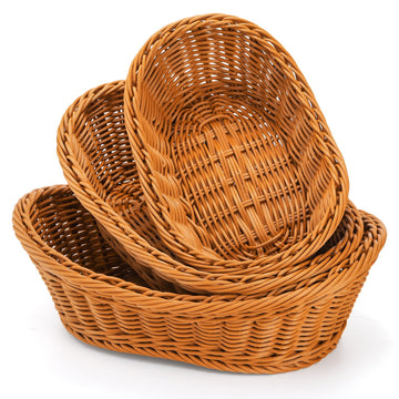 3 Pack Small Woven Breads Baskets, Oval Fruit Baskets Stackable Plastic Wicker Basket for Serving Vegetables