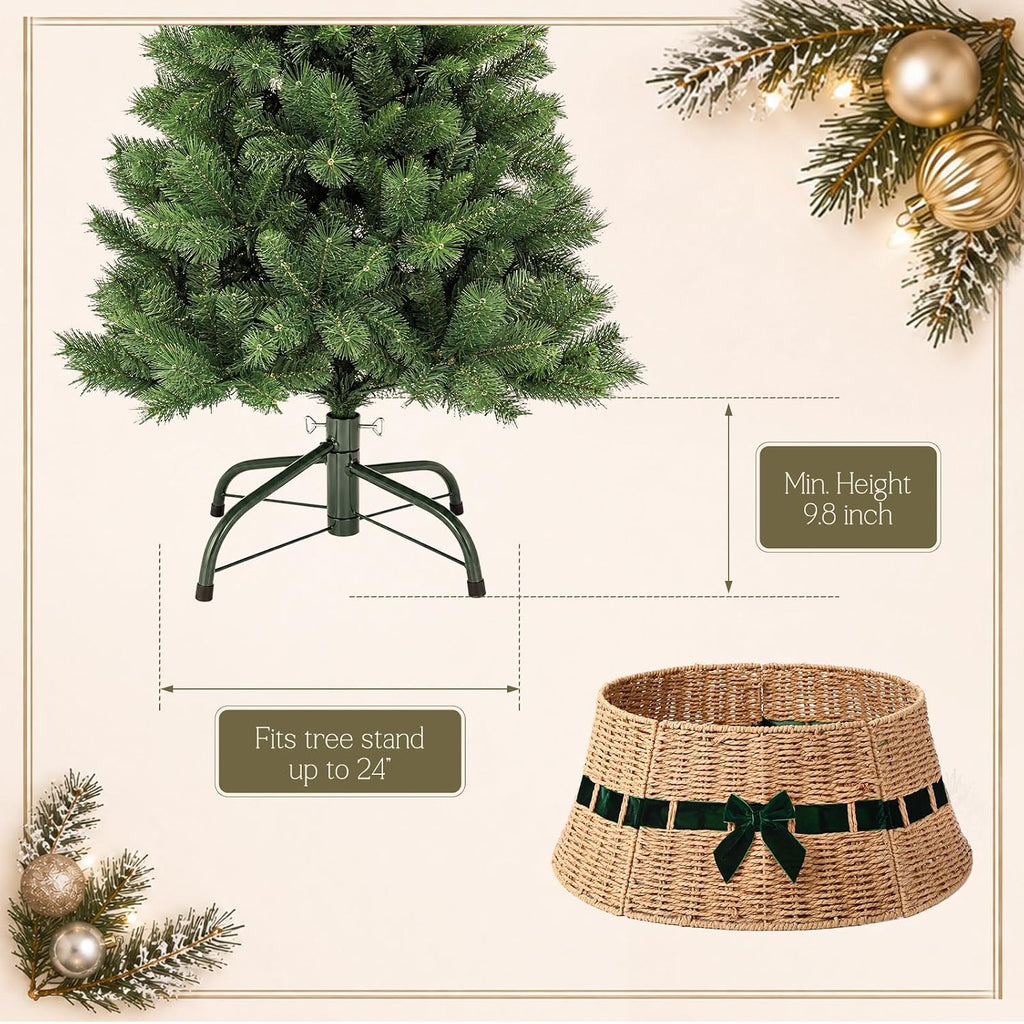 Wicker Christmas Tree Collar with Green Velvet Bow 23.6 Inch