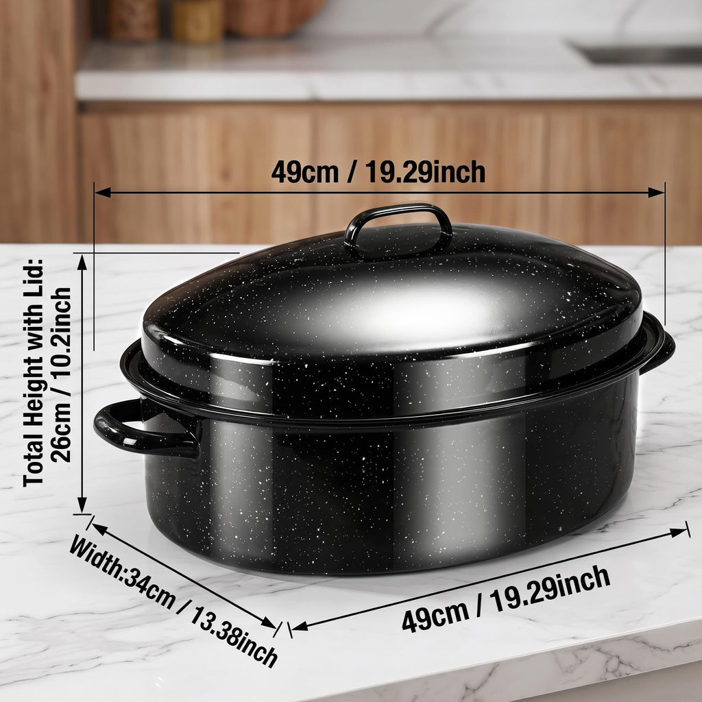 19.3" Enamel Roasting Pan with Lid & Rack Oval Turkey Roaster Pan