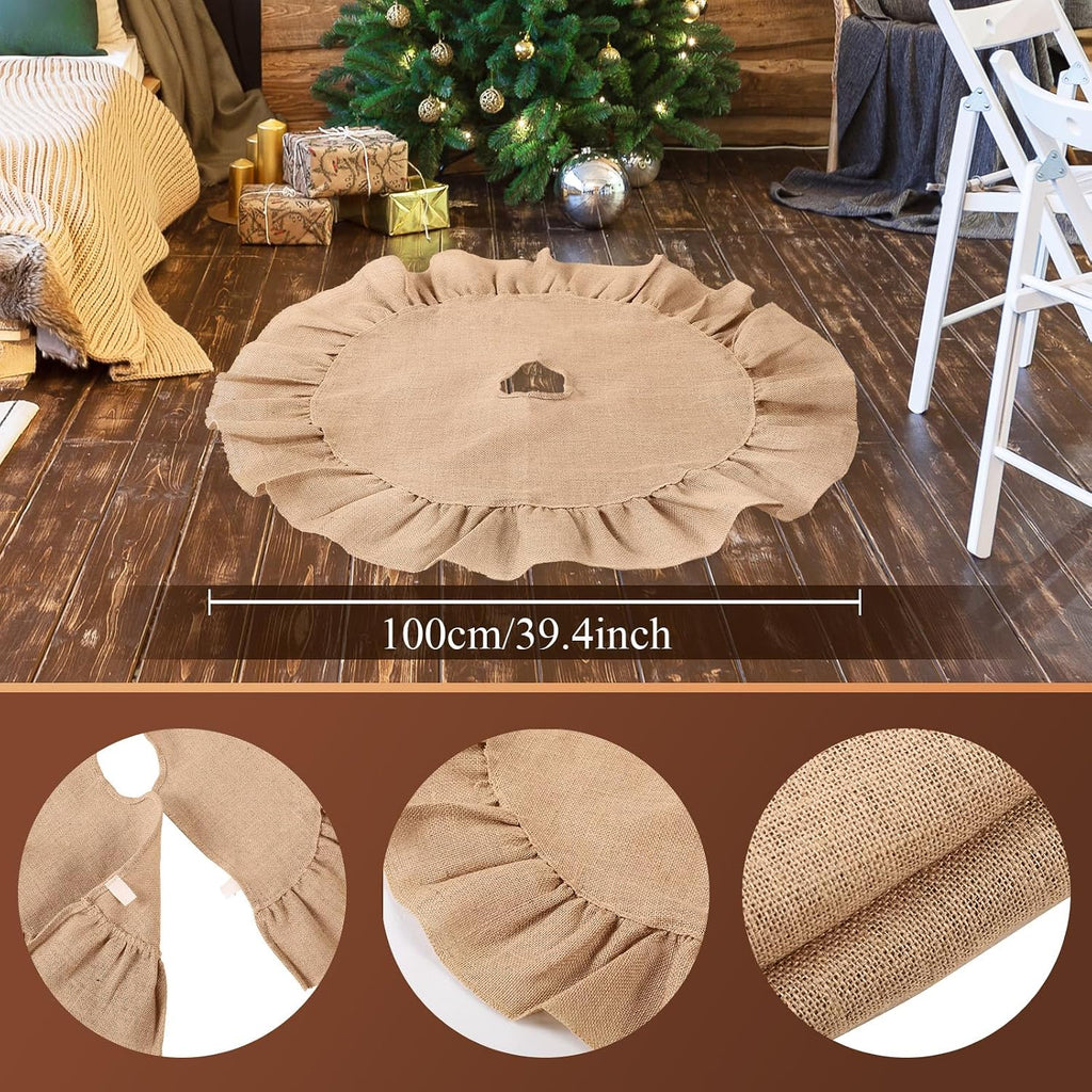 Burlap Christmas Tree Topper with 39.4 Inch Ruffle Christmas Tree Skirt and 34 Inch Large Vintage Ribbon Bow - Set of 2