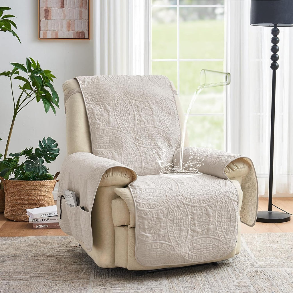 Beige Quilted Recliner Chair Covers, Water-Repellent Recliner Slipcovers, Lazy Boy Chair Covers, Pet Friendly