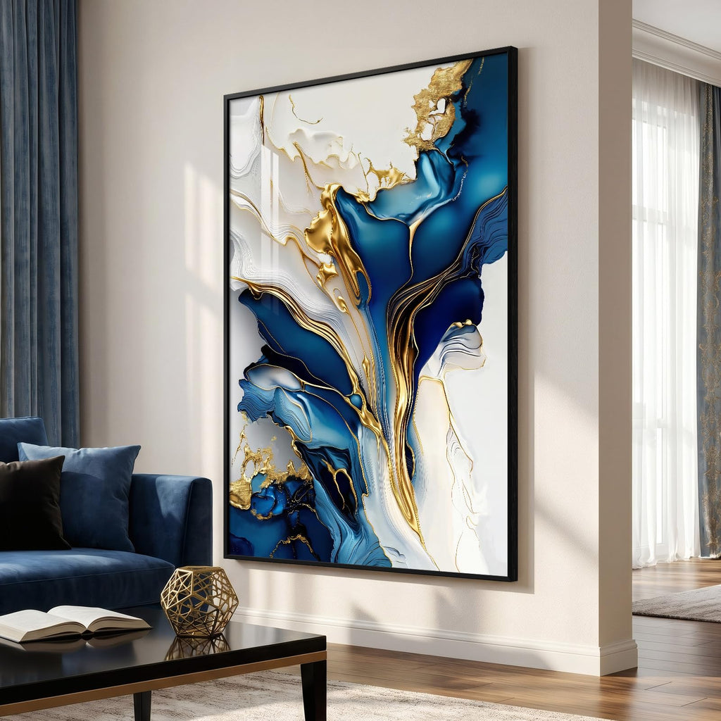 Extra Large Framed Blue White and Gold Abstract Wall Art, Vertical 40x60 In