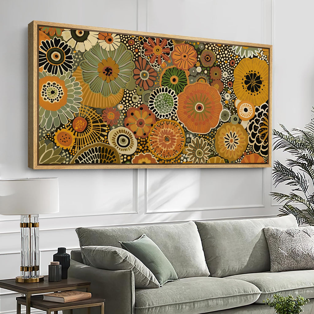 Extra Large Framed Canvas Print Wall Art Retro Floral Pattern Colorful Mid-Century Modern Floral Vibrant Botanical