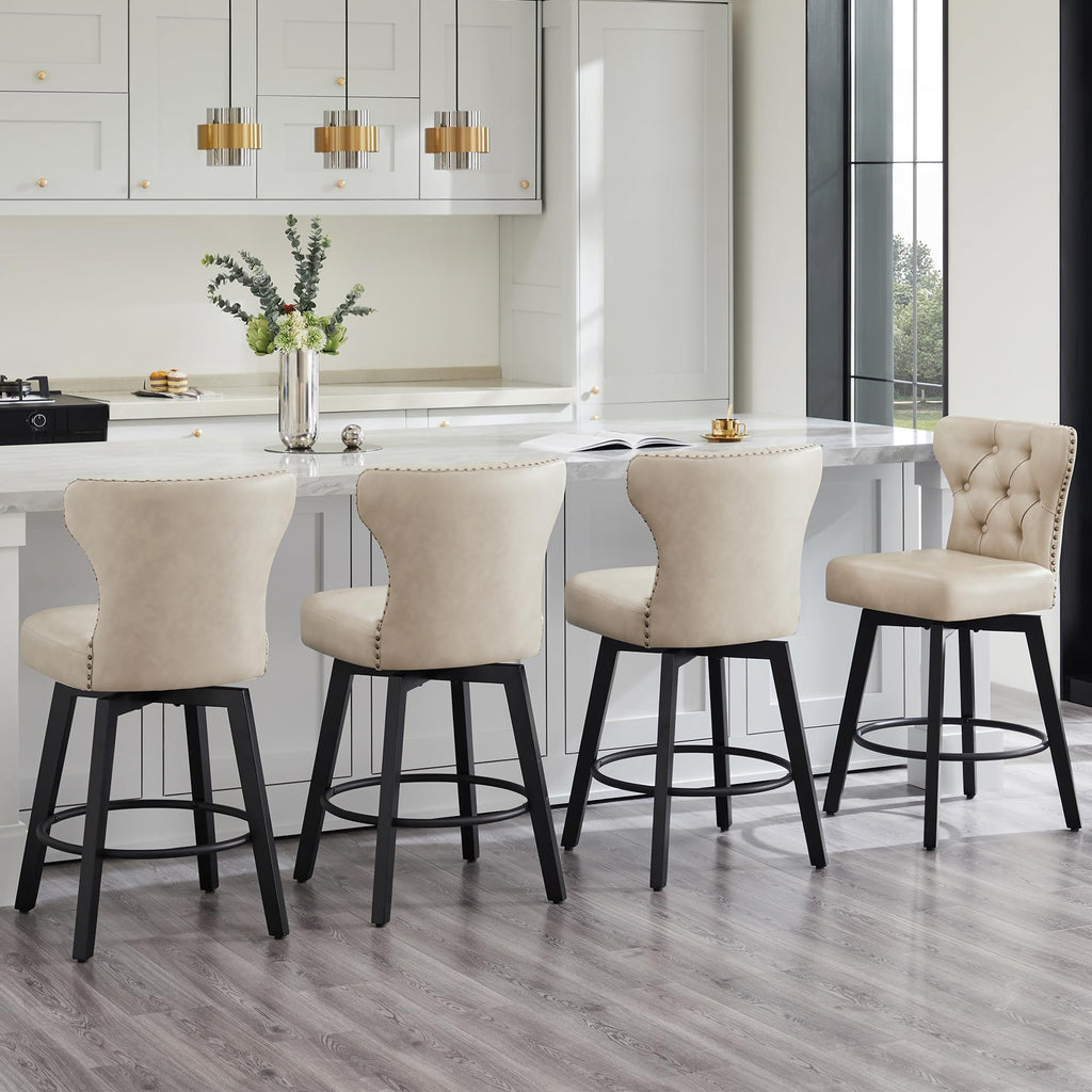 Counter Height Barstools 26 inch Upholstered Button Tufted Swivel Bar Stools with Back and Wood Legs Island, Set of