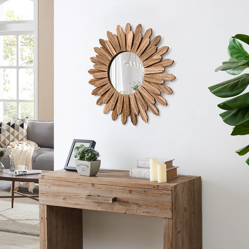 Mirror Wall Decor 21 inch Rustic Wood Boho Aesthetic Mirror for Room & Home Decor Farmhouse Wall Decor at Living Room