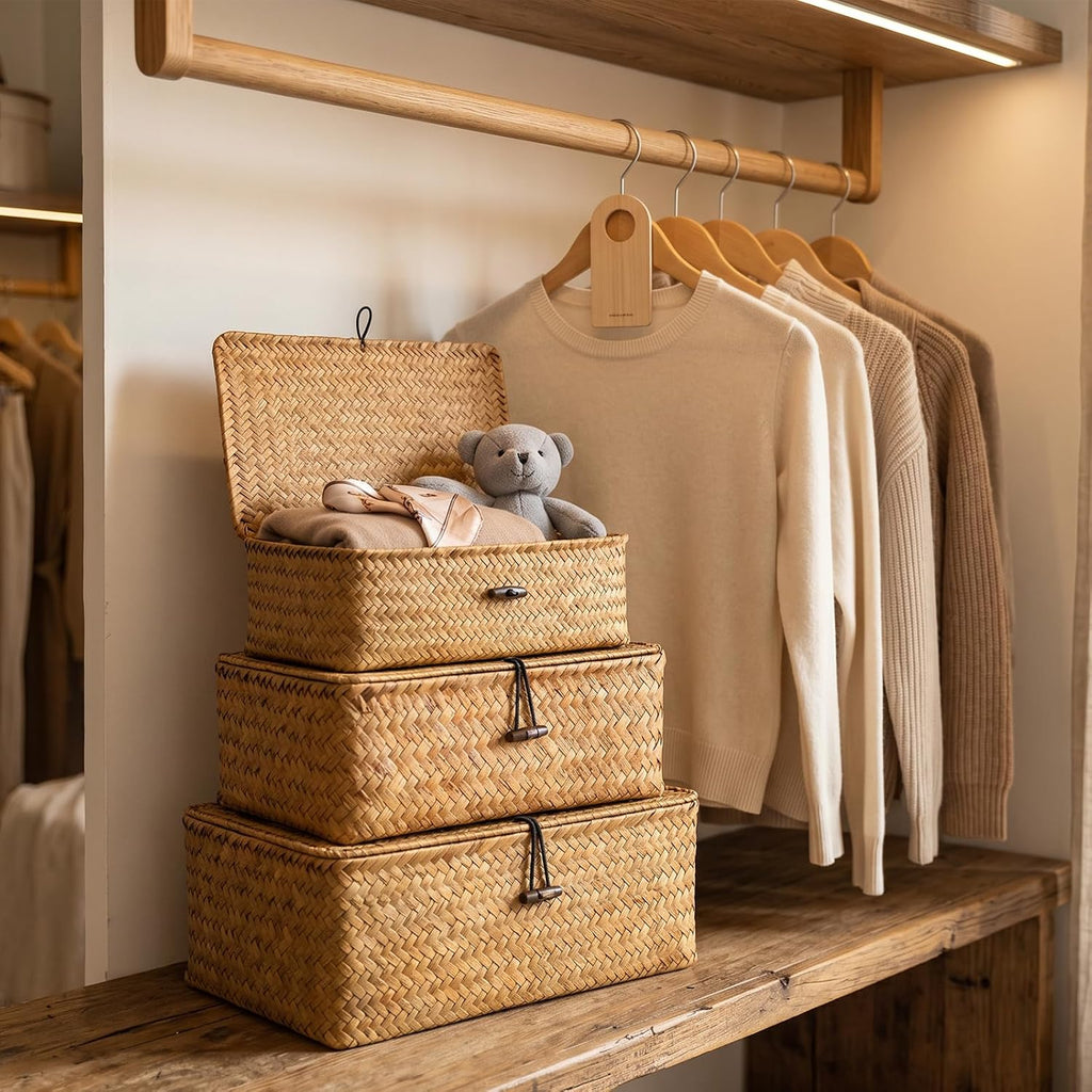 Wicker Basket With Lid Set of 3 Natural Seagrass Storage Bins Rectangular Woven Basket with Lid for Shelf Organizing
