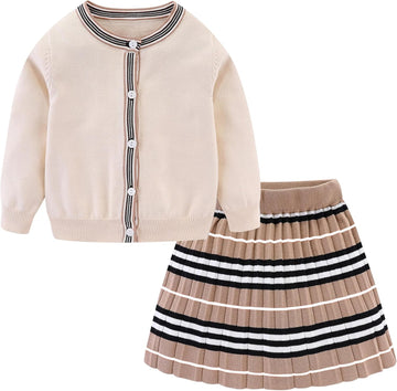Cute Little Girls Ribbed Knit Cardigan Skirt Set School Style
