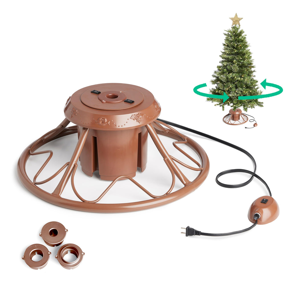 360° Rotating Christmas Tree Stand - Brown Sturdy Metal Base for Trees up to 9ft Tall - Holiday Decor Accessory