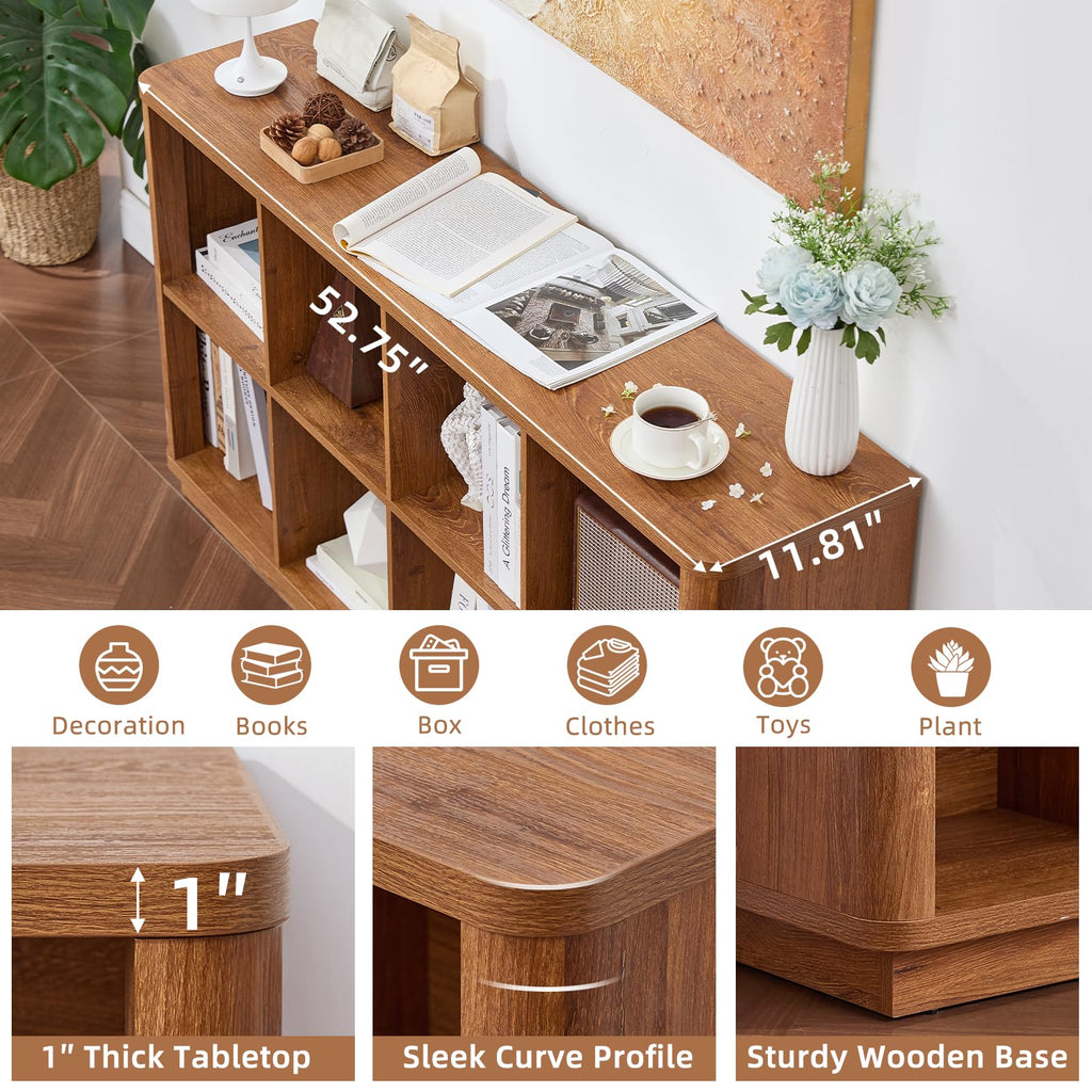 8 Cube Storage Book Shelf, 52" Long Horizontal Bookshelf with Curved Edge, Floor Standing Wooden Cubby Bookcase with