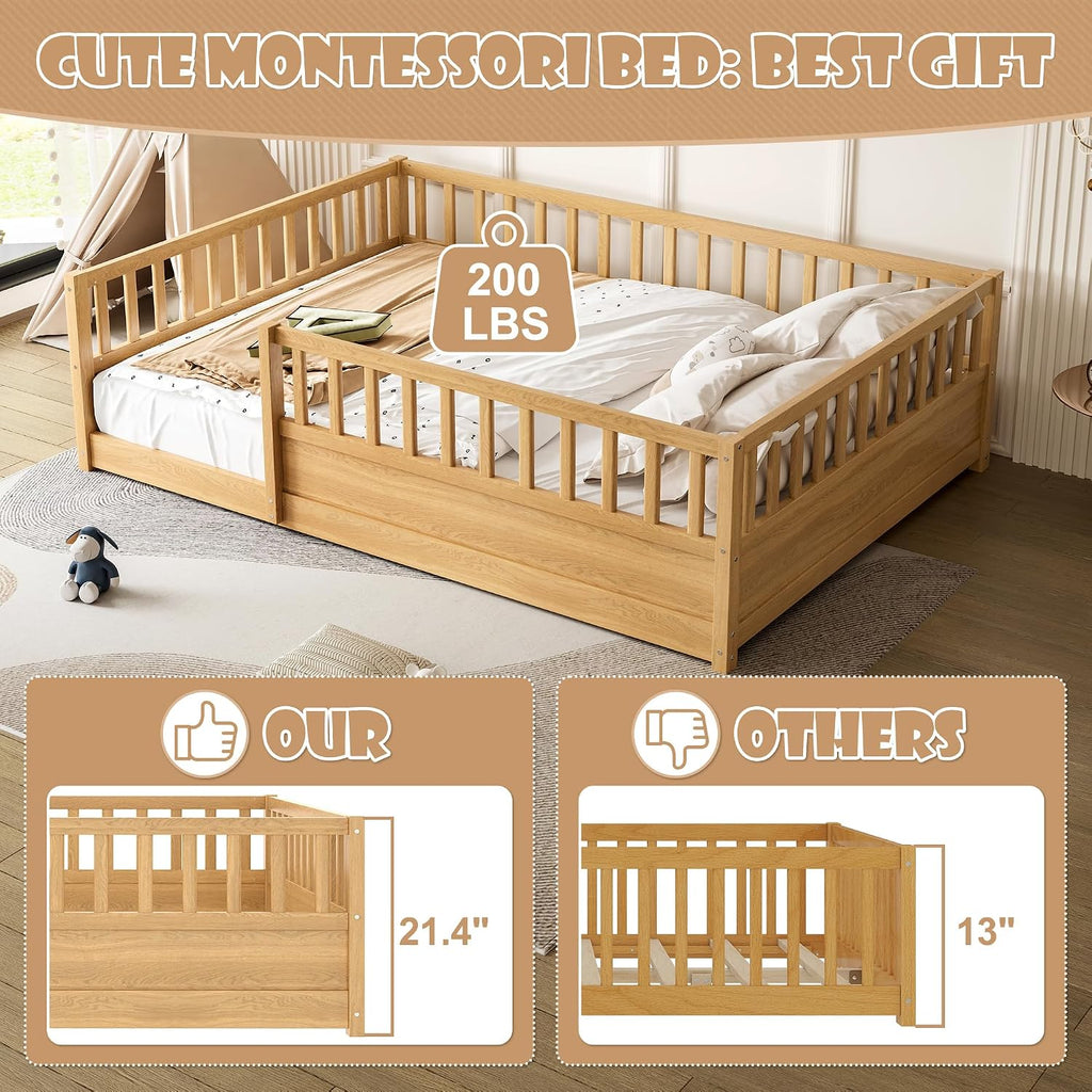 Full Size Montessori Floor Bed with High Rails, High Rails Floor Bed with Slats and Fence, Easy Assemble Montessori