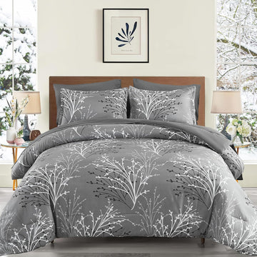 DJY Gray Comforter Set Branch Botanical Bed in a Bag 7 Piece Grey Floral Comforter