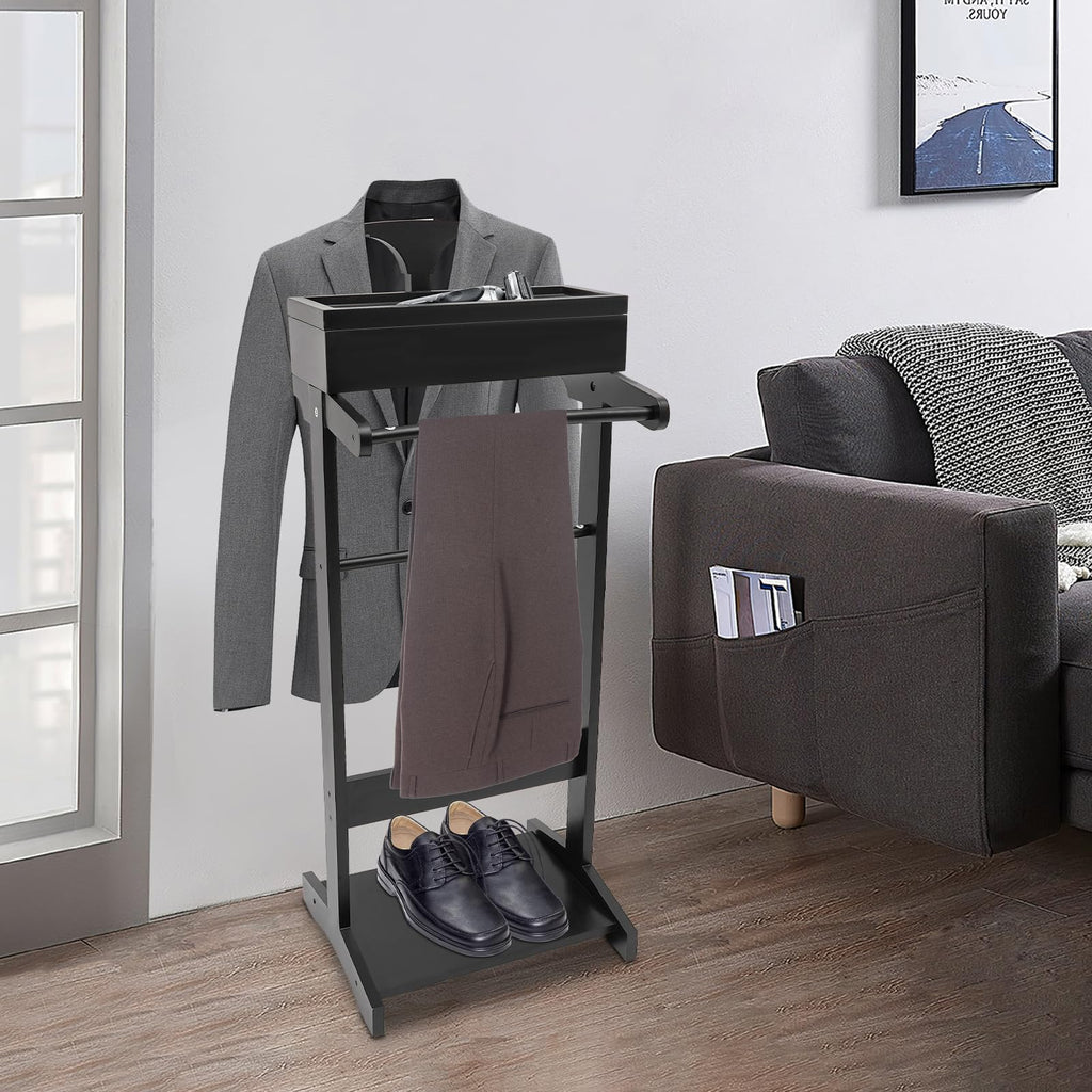 Wood Suit Valet Stand for Men, Clothes Organizer with Drawer, Accessory Tray, and Trouser Bar, Freestanding Suit