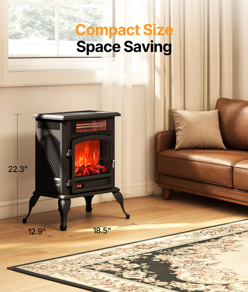 Electric Fireplace Stove Heater with 3D Flame, 1500W &Flame-Only Mode