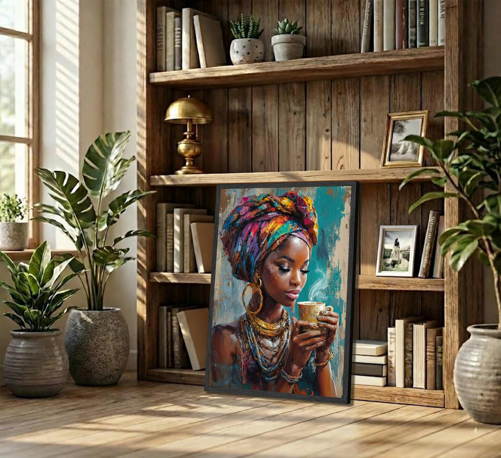 Framed Black Woman Canvas Wall Art, African American Wall Decor, Fashion Modern Abstract Painting Picture, Coffee