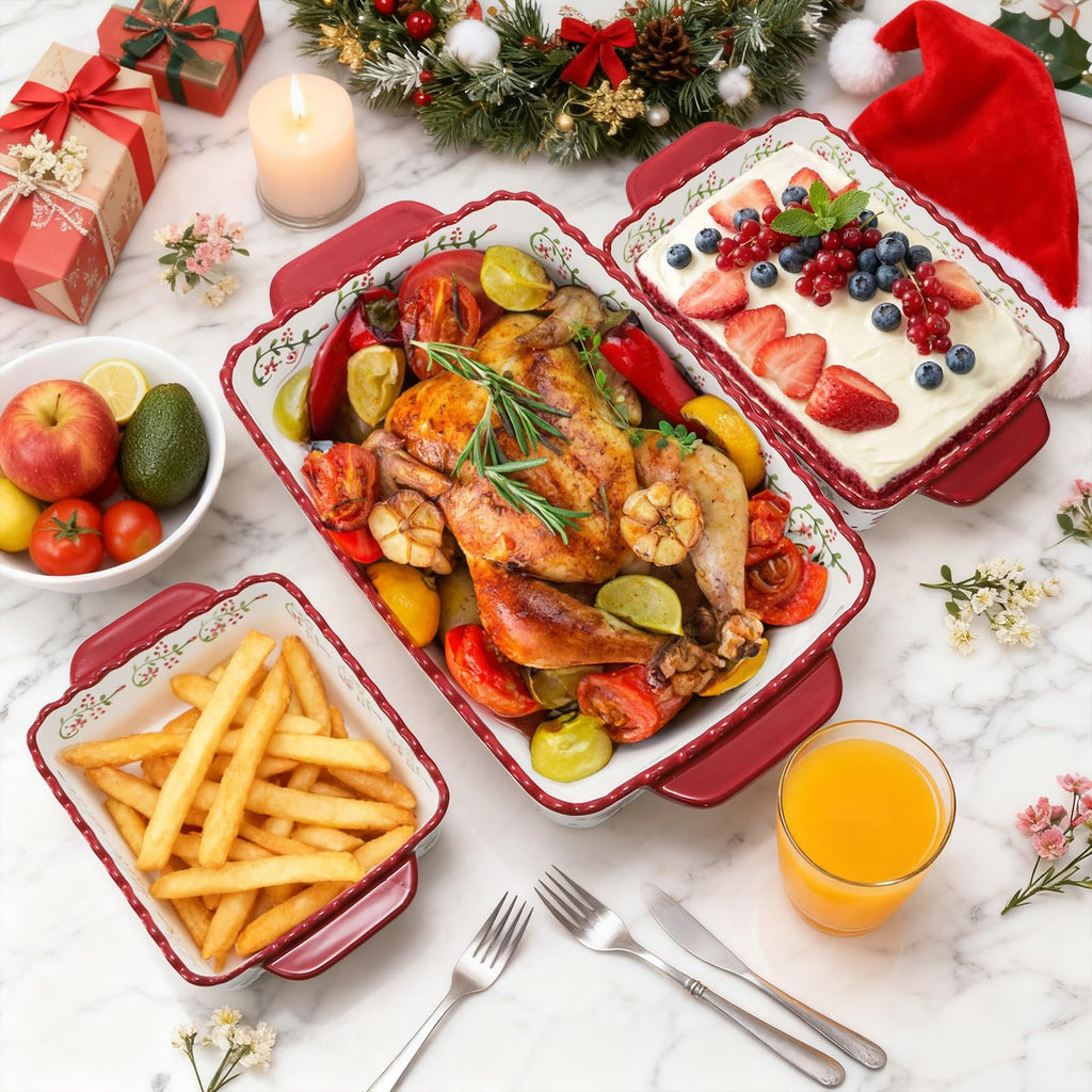 3 Pack Ceramic Baking Dishes, Rectangular Bakeware Set Hand-painted Lasagna Pan Porcelain Serving Bakeware for Pasta