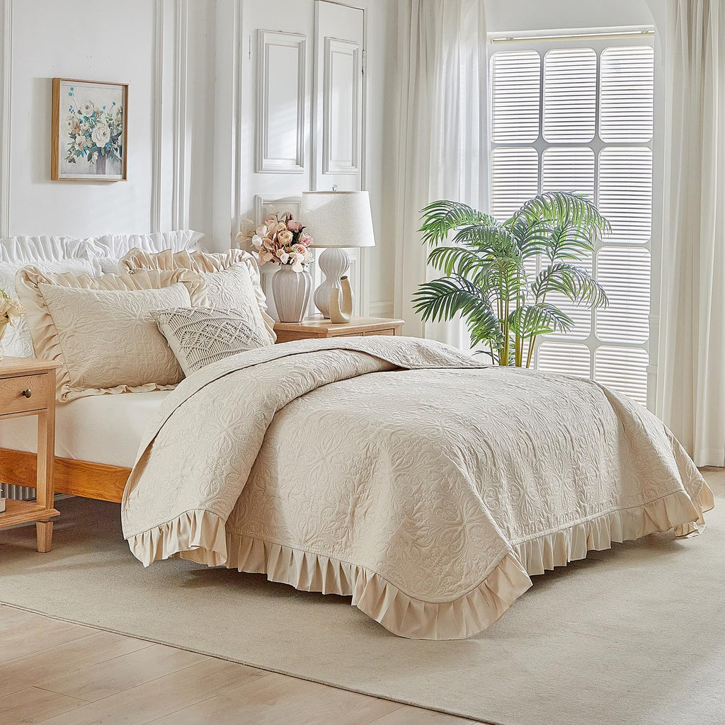 Ruffles Quilt Set 96 * 96in - 3 Pieces Solid Shabby Chic Farmhouse Ruffled Bedding Rustic Coverlet