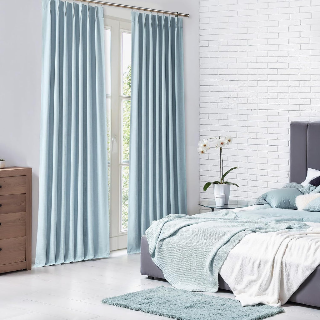 Dusty Blue Pinch Pleated Full Blackout Curtains Linen Texture Thermal Insulated Window Treatment Panel 84 Inch for Living Room Bedroom Noise Reducing Back Tab Drapes with Hooks, 2 Panel, 40"Wx84"L
