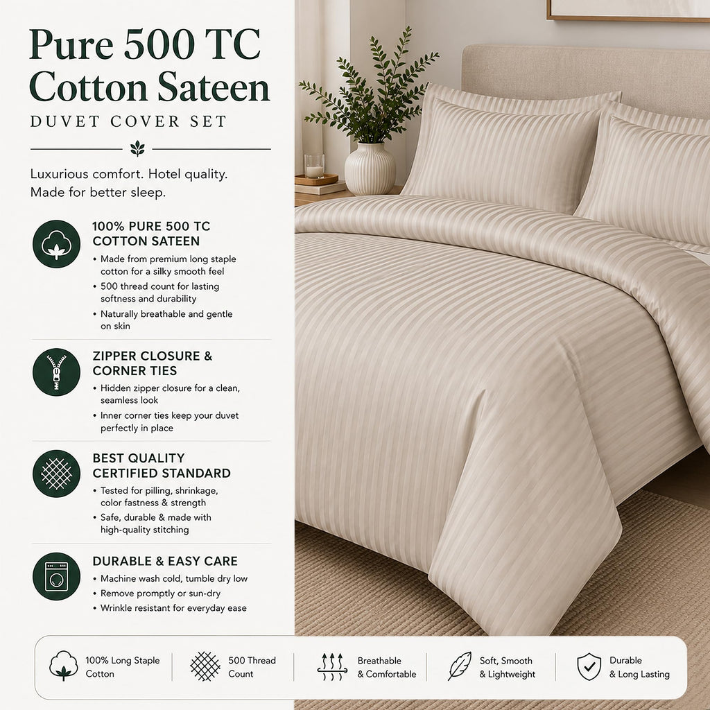 & Stitch Duvet Cover Set, 500 Thread Count Damask Stripe 3 Piece Duvet Insert Cover Set, 100% Cotton