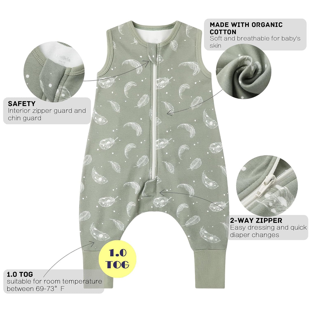 1.0 Tog 100% Organic Cotton Baby Sleeping Bag with Feet Toddler Sleep Sack with Legs Sleeveless Wearable Blanket(1.0