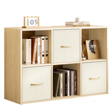 6 Cube Storage Organizer - Solid Wood Bookshelf with 3 Storage Bins, Cube Shelf with 2 Removable Back Panels