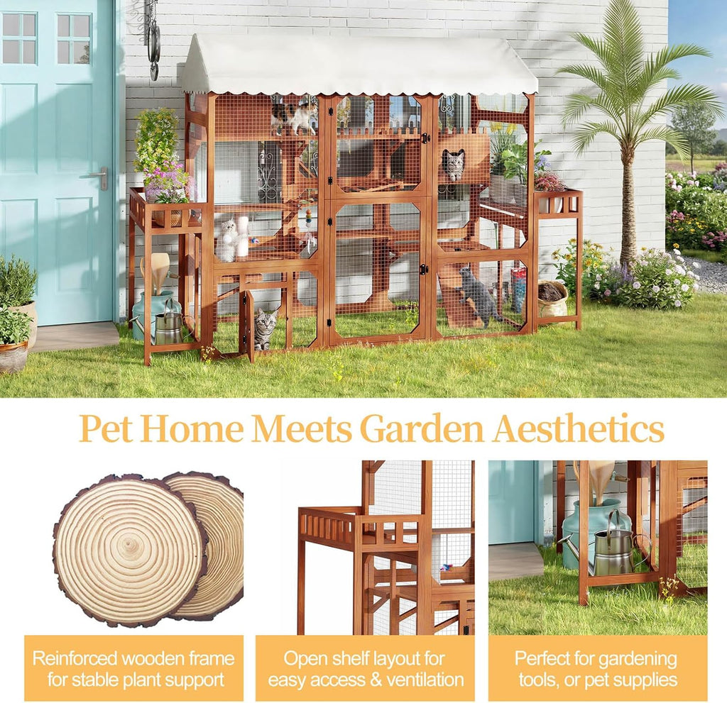 Large Catio Outdoor Cat Enclosure, Solid Wood Cat House for 2-8 Cats, Brown