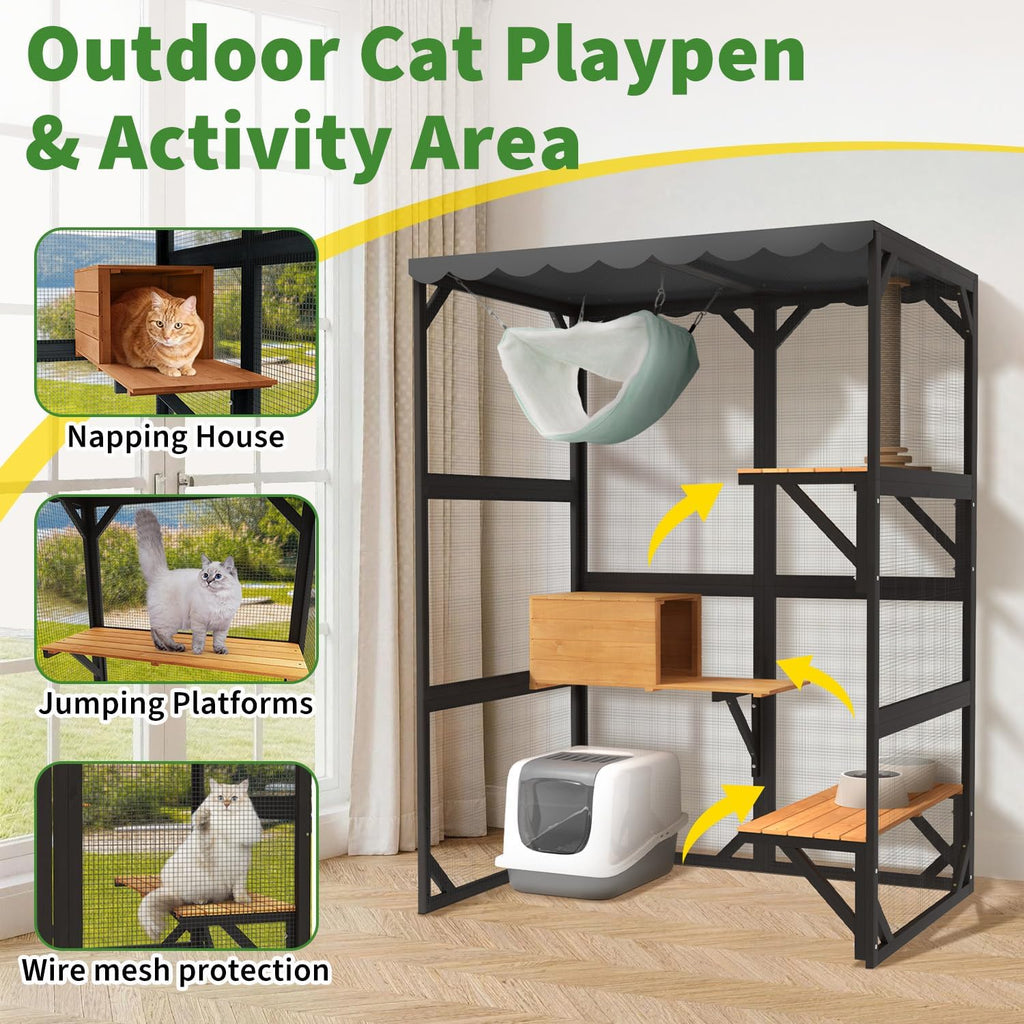 Large Catio Outdoor Cat Enclosure with Weatherproof Roof, 69.3" Walk-in Cat House for Multiple Cats, 3-Tier Wooden