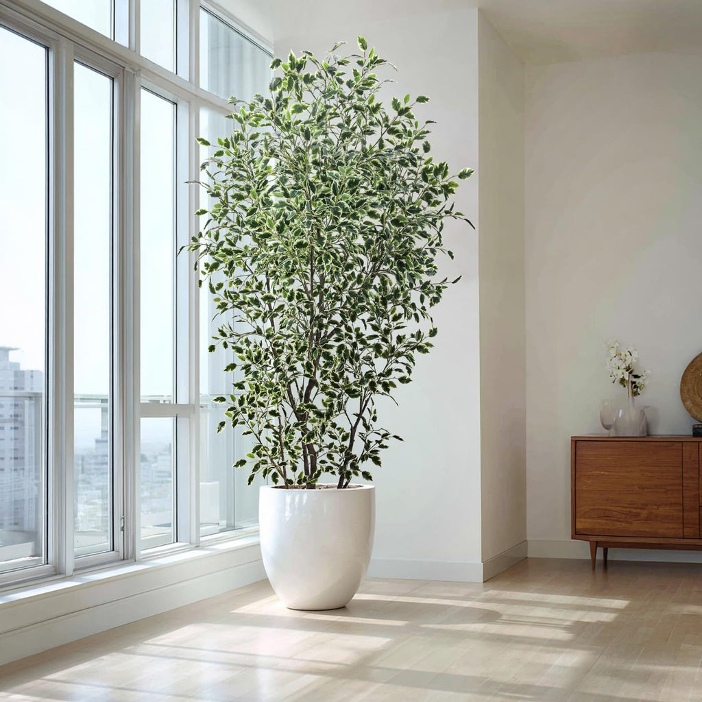Artificial Ficus Tree, 8ft Tall, Variegated Green and White Foliage, Zero Maintenance Indoor Decorative Plant with