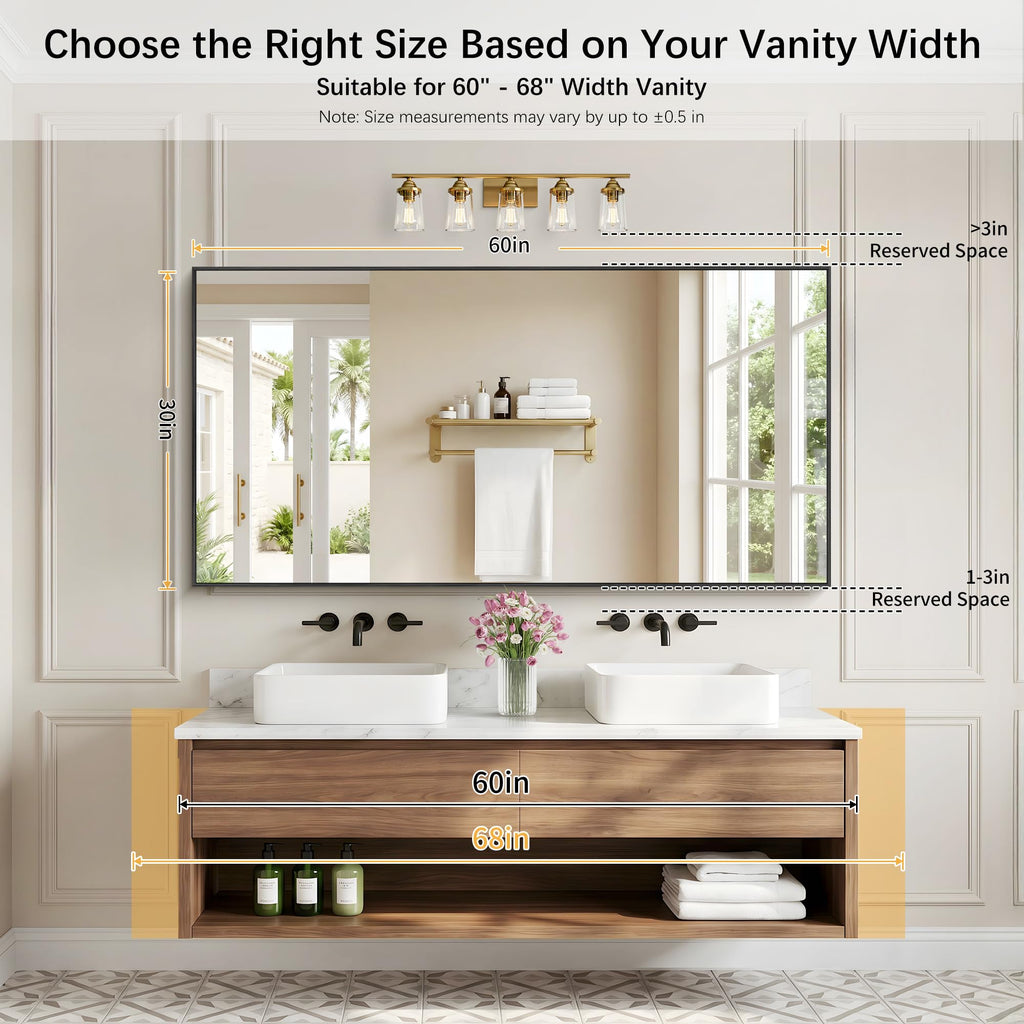 Black Bathroom Mirror for Wall, 30x60 Inch Rectangle Mirrors with Metal Frame, Modern Vanity Wall Mirror Decor Hangs