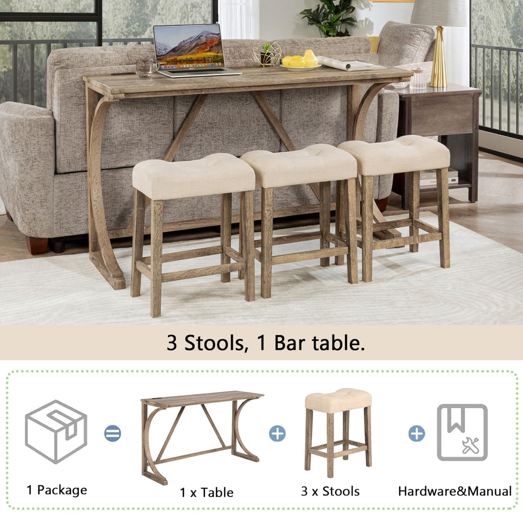 Bar Table and Chairs Set, 4 Piece Console Table with Power Outlet, Counter Height Bar Table Set with 3 Padded Chairs